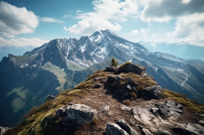 outdoors,sky,day,cloud,tree,blue sky,no humans,bird,cloudy sky,grass,nature,scenery,rock,mountain,fantasy,landscape,mountainous horizon,cliff,snow