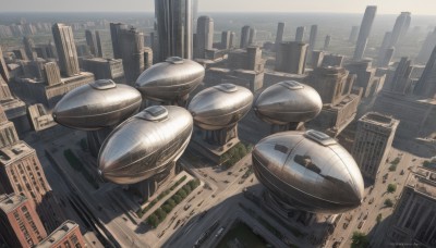 outdoors,sky,day,artist name,signature,water,dutch angle,no humans,ocean,building,scenery,science fiction,city,aircraft,cityscape,ruins,skyscraper,spacecraft,tree,from above,flying,horizon,road,vehicle focus,tower