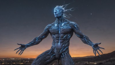 solo,blue eyes,1boy,male focus,outdoors,sky,muscular,night,glowing,colored skin,abs,outstretched arms,pectorals,muscular male,star (sky),night sky,glowing eyes,starry sky,science fiction,veins,blue skin,open hands,alien,kaijuu,standing,white hair,nude,scenery,sunset,monster,city,cityscape,grey skin,city lights