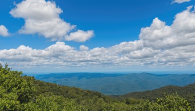 outdoors,sky,day,cloud,tree,blue sky,no humans,cloudy sky,grass,nature,scenery,forest,mountain,field,landscape,mountainous horizon,hill,water,ocean,horizon