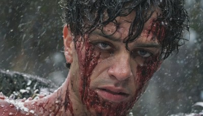 solo,looking at viewer,short hair,black hair,1boy,closed mouth,male focus,outdoors,blurry,black eyes,wet,grey eyes,blood,blurry background,scar,portrait,snow,rain,blood on face,snowing,realistic,wet hair,brown eyes,facial hair,serious