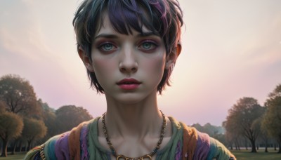 1girl,solo,looking at viewer,short hair,bangs,blue eyes,shirt,black hair,jewelry,green eyes,purple hair,multicolored hair,outdoors,parted lips,sky,necklace,tree,lips,eyelashes,makeup,lipstick,portrait,nature,freckles,sunset,realistic,nose,red lips,collarbone,upper body,scenery,eyeshadow,mascara