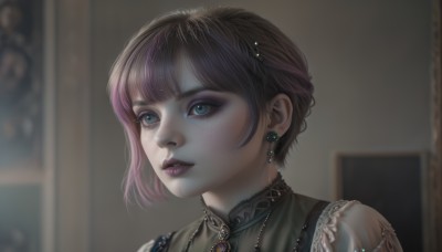 1girl,solo,short hair,bangs,blue eyes,brown hair,shirt,hair ornament,jewelry,pink hair,multicolored hair,earrings,parted lips,teeth,artist name,indoors,blurry,lips,see-through,looking to the side,eyelashes,makeup,blurry background,looking away,lipstick,gem,portrait,eyeshadow,freckles,realistic,nose,mascara,purple hair,braid,painting (object)