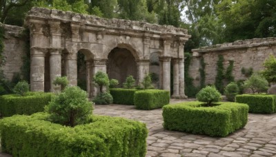 outdoors,day,tree,no humans,sunlight,grass,plant,nature,scenery,forest,bush,ruins,pillar,path,arch,moss,overgrown,column