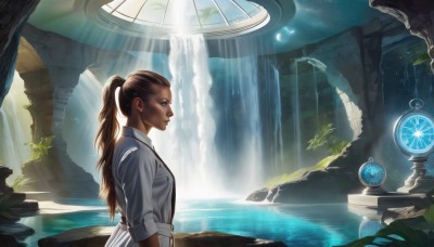 1girl,solo,long hair,brown hair,shirt,brown eyes,upper body,ponytail,dark skin,water,from side,dark-skinned female,lips,book,profile,sunlight,plant,scenery,sleeves rolled up,light rays,nose,fantasy,pillar,waterfall,blue eyes,coat,realistic,labcoat,light