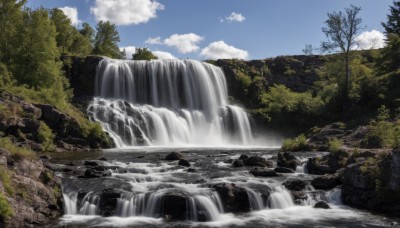 outdoors,sky,day,cloud,water,tree,blue sky,no humans,nature,scenery,forest,mountain,river,waterfall,landscape,cliff,cloudy sky,rock