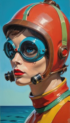 1girl,solo,short hair,blue eyes,brown hair,parted lips,sky,day,water,from side,lips,eyelashes,makeup,ocean,helmet,lipstick,goggles,portrait,realistic,nose,red lips,looking afar,bangs,upper body,outdoors,blue sky,blue background