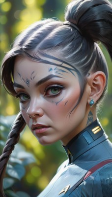 1girl,solo,long hair,looking at viewer,black hair,jewelry,green eyes,ponytail,braid,earrings,parted lips,artist name,blurry,uniform,from side,lips,eyelashes,single braid,bodysuit,tattoo,makeup,depth of field,blurry background,facial mark,portrait,close-up,forehead mark,realistic,nose,mascara,bangs,brown hair,eyeshadow,eyeliner,facepaint,facial tattoo