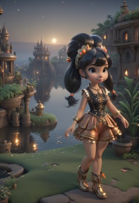 1girl,solo,long hair,smile,skirt,black hair,hair ornament,twintails,jewelry,standing,full body,earrings,boots,outdoors,sky,sleeveless,dark skin,water,necklace,black eyes,high heels,bracelet,dark-skinned female,lips,night,moon,grass,plant,child,star (sky),night sky,scenery,full moon,starry sky,fantasy,sun,female child,potted plant,pond,blue eyes,shirt,ponytail,frills,shoes,shorts,tree,window,watermark,building,web address,reflection,city,bloomers,river,town,puffy shorts