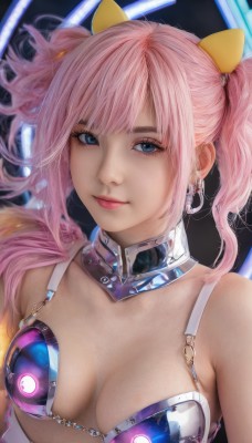 1girl,solo,long hair,breasts,looking at viewer,bangs,blue eyes,hair ornament,cleavage,bare shoulders,twintails,jewelry,medium breasts,closed mouth,underwear,swimsuit,upper body,pink hair,bikini,earrings,bra,lips,eyelashes,realistic,collarbone,sidelocks,artist name,virtual youtuber,collar,makeup,detached collar,pink lips,nose