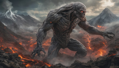 solo, red eyes, outdoors, sky, teeth, cloud, no humans, glowing, cloudy sky, fire, glowing eyes, claws, monster, mountain, molten rock