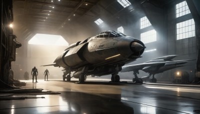 HQ,multiple boys,indoors,signature,military,window,helmet,robot,scenery,smoke,reflection,science fiction,realistic,aircraft,military vehicle,airplane,vehicle focus,spacecraft,jet,fighter jet,mecha,flying