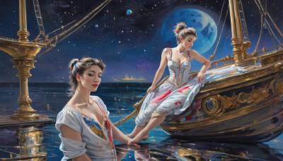 1girl,breasts,smile,multiple girls,brown hair,black hair,hair ornament,dress,2girls,cleavage,bare shoulders,jewelry,medium breasts,sitting,collarbone,closed eyes,earrings,sky,barefoot,water,hair bun,white dress,multiple views,night,moon,single hair bun,star (sky),starry sky,reflection,realistic,red lips,space,watercraft,planet,ship,boat,earth (planet),painting (action),short hair,parted lips,feet,lips,makeup,toes,lipstick,ripples,reflective water