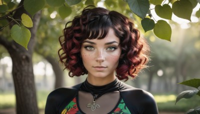 1girl,solo,looking at viewer,short hair,brown hair,black hair,jewelry,closed mouth,green eyes,upper body,red hair,multicolored hair,outdoors,day,artist name,necklace,blurry,two-tone hair,tree,lips,grey eyes,gradient hair,depth of field,blurry background,leaf,watermark,wavy hair,sunlight,portrait,nature,web address,freckles,curly hair,realistic,nose,bangs,brown eyes,eyelashes,light smile,plant