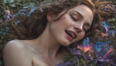 1girl,solo,long hair,smile,open mouth,brown hair,bare shoulders,collarbone,closed eyes,flower,nude,lying,teeth,blurry,lips,eyelashes,plant,sharp teeth,portrait,freckles,blue flower,realistic,nose,purple flower,upper body,half-closed eyes