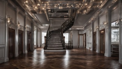 day,indoors,no humans,window,sunlight,scenery,reflection,wooden floor,stairs,door,light,ceiling,hallway,ceiling light,reflective floor,chandelier,tree,chair,pillar