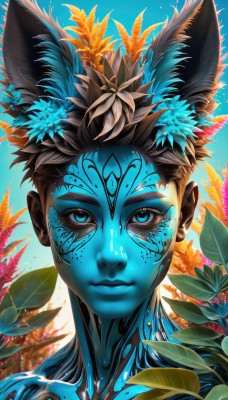 solo,looking at viewer,smile,short hair,blue eyes,brown hair,hair ornament,1boy,animal ears,closed mouth,flower,male focus,cat ears,lips,eyelashes,colored skin,leaf,blue background,facial mark,plant,portrait,blue skin,bodypaint,black hair,multicolored hair,sky,artist name,hair flower,dark skin,blue sky,animal ear fluff,tattoo,feathers,close-up,blue theme,feather hair ornament,facepaint,very dark skin,full-body tattoo