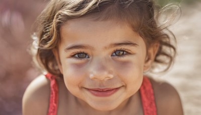 1girl,solo,looking at viewer,smile,short hair,brown hair,bare shoulders,brown eyes,closed mouth,blurry,lips,depth of field,blurry background,child,portrait,realistic,female child,old woman,blonde hair,hat,eyelashes,close-up