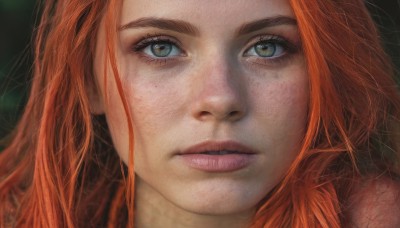 1girl,solo,long hair,looking at viewer,brown eyes,green eyes,red hair,parted lips,teeth,orange hair,blurry,lips,grey eyes,eyelashes,blurry background,portrait,close-up,freckles,realistic,nose,watermark