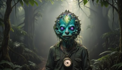 solo,looking at viewer,shirt,1boy,jewelry,purple eyes,jacket,upper body,male focus,outdoors,teeth,necklace,blurry,tree,mask,depth of field,blurry background,glowing,leaf,plant,nature,glowing eyes,1other,forest,pocket,monster,watch,clock,breast pocket,pocket watch,horror (theme),no humans,colored skin,sunlight