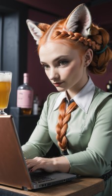 1girl,solo,long hair,looking at viewer,brown hair,long sleeves,dress,animal ears,brown eyes,jewelry,sitting,closed mouth,upper body,braid,earrings,necktie,artist name,indoors,cat ears,orange hair,blurry,cup,lips,animal ear fluff,single braid,blurry background,hair over shoulder,alcohol,freckles,green dress,mug,realistic,red lips,computer,beer,hair pulled back,laptop,breasts,shirt,green eyes,signature,nail polish,fingernails,watermark,piercing,table,bottle,ear piercing,web address,drinking glass,braided ponytail,nose,hair behind ear