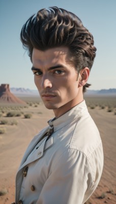 solo,looking at viewer,short hair,brown hair,shirt,black hair,1boy,closed mouth,jacket,white shirt,upper body,male focus,outdoors,sky,day,collared shirt,blurry,black eyes,blue sky,lips,buttons,blurry background,facial hair,realistic,desert,brown eyes,from side,grey eyes,scar,expressionless,sunlight,serious