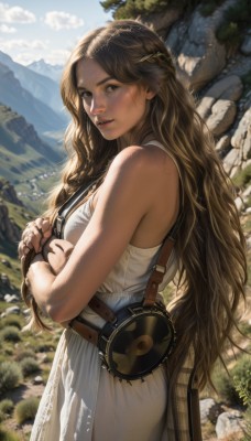 1girl,solo,long hair,breasts,looking at viewer,brown hair,hair ornament,dress,bare shoulders,brown eyes,very long hair,standing,braid,cowboy shot,outdoors,parted lips,sky,sleeveless,day,belt,artist name,cloud,signature,white dress,from side,tree,blue sky,lips,looking to the side,sleeveless dress,wavy hair,own hands together,freckles,rock,mountain,realistic,nose,strap,holding,animal,sunlight,nature,forest,holding animal