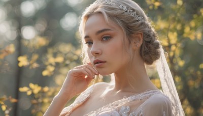 1girl,solo,looking at viewer,blue eyes,blonde hair,dress,jewelry,upper body,earrings,parted lips,hand up,hair bun,white dress,blurry,lips,see-through,depth of field,blurry background,single hair bun,portrait,veil,wedding dress,realistic,nose,bridal veil,bride,bokeh,collarbone,eyelashes,tiara,updo