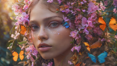 1girl, solo, looking at viewer, brown hair, hair ornament, brown eyes, flower, parted lips, hair flower, blurry, lips, eyelashes, depth of field, blurry background, sunlight, bug, butterfly, portrait, freckles, realistic, nose, purple flower, dappled sunlight