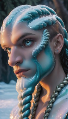 1girl,solo,long hair,looking at viewer,blue eyes,black hair,jewelry,closed mouth,braid,earrings,outdoors,artist name,necklace,blurry,twin braids,tree,lips,eyelashes,depth of field,blurry background,facial mark,piercing,portrait,tentacles,close-up,realistic,nose,stud earrings,blue hair,parted lips,signature,dark skin,tattoo,watermark,looking away,sunlight,looking up,light particles,facepaint,looking afar,bodypaint,dreadlocks,multiple braids