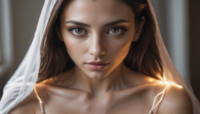 1girl,solo,long hair,looking at viewer,brown hair,bare shoulders,brown eyes,closed mouth,collarbone,blurry,lips,eyelashes,depth of field,blurry background,portrait,veil,close-up,forehead,freckles,realistic,nose,jewelry,earrings,strap slip