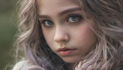 1girl, solo, long hair, looking at viewer, blue eyes, blonde hair, brown eyes, closed mouth, blurry, lips, eyelashes, blurry background, portrait, close-up, freckles, realistic, nose