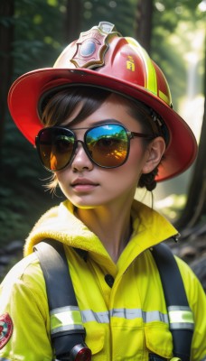 1girl,solo,looking at viewer,short hair,brown hair,hat,brown eyes,jacket,upper body,outdoors,parted lips,day,blurry,tree,lips,blurry background,watermark,sunglasses,nature,baseball cap,red headwear,forest,realistic,nose,yellow jacket,tinted eyewear,aviator sunglasses,bangs,black hair,hair ornament,green eyes,hair bun,swept bangs,sunlight,single hair bun,zipper,backlighting,pocket