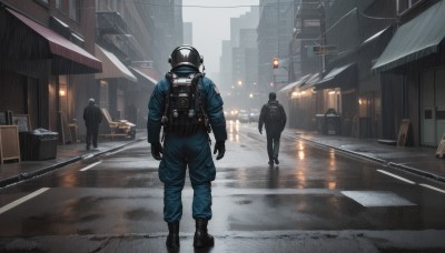 gloves,standing,male focus,boots,outdoors,multiple boys,solo focus,black gloves,pants,2boys,from behind,black footwear,uniform,night,3boys,helmet,ground vehicle,building,scenery,motor vehicle,reflection,walking,science fiction,rain,city,sign,car,road,multiple others,police,street,police uniform,jumpsuit,ambiguous gender,policewoman,truck,jacket,sky,box,1other,blue pants,cityscape,lamppost,cardboard box,grey sky