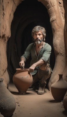 solo,blue eyes,1boy,jewelry,grey hair,male focus,boots,necklace,facial hair,squatting,beard,realistic,mustache,one knee,dirty,looking at viewer,blonde hair