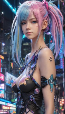 1girl,solo,long hair,breasts,looking at viewer,bangs,blue eyes,hair ornament,cleavage,bare shoulders,twintails,jewelry,medium breasts,closed mouth,blue hair,upper body,pink hair,heart,multicolored hair,earrings,outdoors,blurry,two-tone hair,lips,streaked hair,tattoo,makeup,night,blurry background,chain,piercing,science fiction,city,realistic,nose,facial tattoo,mascara,heart tattoo,cyberpunk,navel,ponytail,sidelocks,sleeveless,artist name,from side,eyelashes,depth of field,swept bangs,watermark,facial mark,ear piercing,armlet