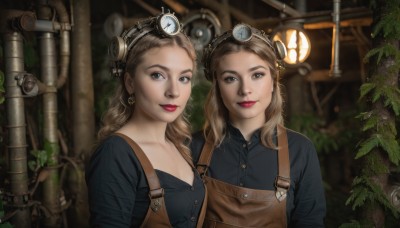 long hair,breasts,looking at viewer,smile,multiple girls,blonde hair,brown hair,shirt,2girls,cleavage,brown eyes,jewelry,closed mouth,upper body,earrings,small breasts,collared shirt,mole,blurry,lips,grey eyes,black shirt,makeup,buttons,siblings,wavy hair,suspenders,plant,lipstick,sisters,goggles,freckles,goggles on head,realistic,red lips,overalls,industrial pipe,steampunk,braid,parted lips,blurry background,blue shirt,clock,light bulb,machine