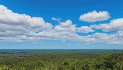 outdoors,sky,day,cloud,water,tree,blue sky,no humans,ocean,cloudy sky,grass,nature,scenery,horizon,field,landscape