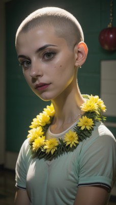 1girl,solo,breasts,looking at viewer,short hair,shirt,black hair,brown eyes,jewelry,closed mouth,white shirt,upper body,flower,short sleeves,earrings,small breasts,indoors,dark skin,necklace,mole,blurry,lips,mole under eye,blurry background,t-shirt,freckles,realistic,yellow flower,nose,very short hair,buzz cut,underwear,collarbone,bra,see-through,eyelashes,makeup,mole on cheek