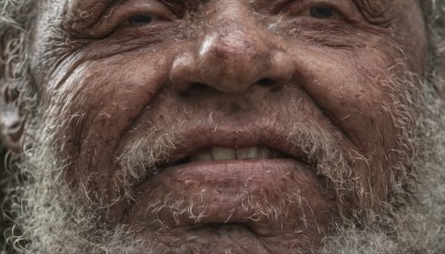 solo,looking at viewer,1boy,closed eyes,male focus,lying,blurry,facial hair,own hands together,close-up,realistic,old,open mouth,teeth,tongue,tongue out,portrait,licking