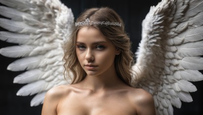 1girl,solo,long hair,looking at viewer,blue eyes,blonde hair,simple background,brown hair,bare shoulders,closed mouth,collarbone,upper body,nude,wings,lips,grey eyes,black background,feathered wings,angel wings,realistic,white wings,angel,head wreath,breasts,tiara,feathers