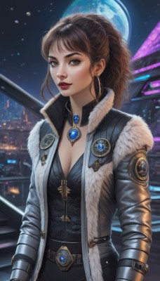 1girl,solo,long hair,breasts,looking at viewer,bangs,brown hair,long sleeves,cleavage,brown eyes,jewelry,medium breasts,jacket,upper body,ponytail,earrings,parted lips,open clothes,sky,belt,pants,medium hair,necklace,blurry,open jacket,lips,coat,fur trim,makeup,night,blurry background,moon,lipstick,brooch,gem,eyeshadow,fur collar,open coat,hoop earrings,realistic,nose,red lips,eyeliner,planet,weapon,choker,star (sky),pendant,city