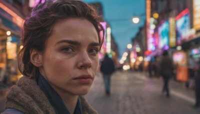 1girl, solo, looking at viewer, short hair, blue eyes, brown hair, closed mouth, outdoors, solo focus, mole, blurry, lips, night, depth of field, blurry background, towel, mole under mouth, freckles, city, realistic, nose