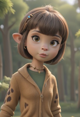 1girl,solo,looking at viewer,smile,short hair,bangs,brown hair,shirt,hair ornament,brown eyes,jewelry,jacket,upper body,earrings,outdoors,day,pointy ears,hairclip,artist name,necklace,blurry,tree,lips,depth of field,blurry background,nature,forest,freckles,brown jacket,nose,female child,parted lips,eyelashes,bob cut,zipper,green shirt