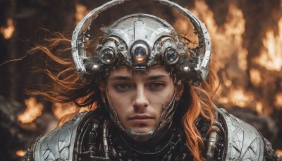 1girl,solo,long hair,looking at viewer,brown hair,brown eyes,closed mouth,upper body,signature,orange hair,armor,mole,blurry,black eyes,lips,floating hair,blurry background,helmet,fire,portrait,science fiction,realistic,power armor,depth of field,headgear,expressionless,nose