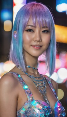 1girl,solo,breasts,looking at viewer,smile,short hair,bangs,cleavage,bare shoulders,brown eyes,jewelry,medium breasts,blue hair,collarbone,upper body,purple hair,multicolored hair,earrings,parted lips,teeth,choker,dark skin,medium hair,necklace,blurry,black eyes,two-tone hair,dark-skinned female,lips,gradient hair,makeup,depth of field,blurry background,watermark,piercing,ear piercing,freckles,realistic,nose,dress,sleeveless,bob cut