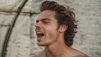 solo,open mouth,brown hair,1boy,male focus,teeth,tongue,blurry,black eyes,blurry background,facial hair,portrait,beard,realistic,stubble,smile,short hair,closed eyes,tongue out,meme