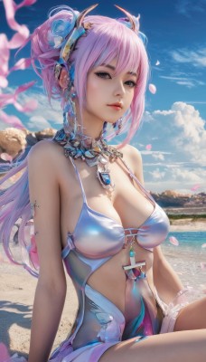 1girl,solo,long hair,breasts,looking at viewer,bangs,blue eyes,large breasts,hair ornament,navel,cleavage,bare shoulders,jewelry,medium breasts,sitting,swimsuit,pink hair,purple hair,flower,sidelocks,bikini,multicolored hair,earrings,outdoors,parted lips,sky,day,cloud,hair flower,water,hair bun,blurry,blue sky,lips,one-piece swimsuit,grey eyes,petals,headgear,ocean,beach,gem,rock,realistic,nose,sand,closed mouth,artist name,necklace,cloudy sky