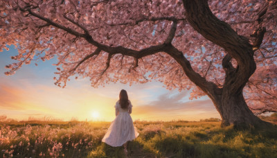 1girl, solo, long hair, brown hair, black hair, dress, standing, flower, short sleeves, outdoors, sky, cloud, from behind, white dress, tree, grass, cherry blossoms, scenery, sunset, sun, facing away, field