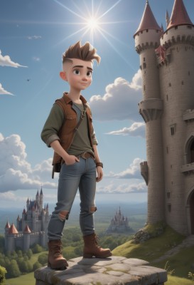 solo,looking at viewer,smile,brown hair,shirt,1boy,brown eyes,standing,full body,weapon,male focus,boots,outdoors,sky,day,belt,pants,artist name,cloud,signature,vest,blue sky,torn clothes,bird,brown footwear,sunlight,grass,denim,building,child,scenery,hand in pocket,jeans,sun,male child,leather,castle,torn pants,cliff,torn jeans,jacket,bag,tree,cloudy sky,spiked hair,rock,hands in pockets,fantasy,mohawk